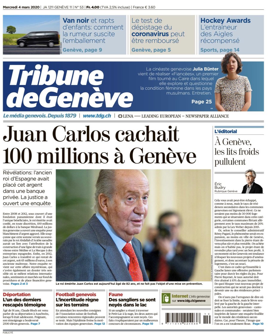 Tribune de Genève front page on March 4, 2020